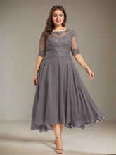 A-line Illusion Boat Neck Asymmetrical Chiffon Lace Mother of the Bride Dress With Sequins Beading